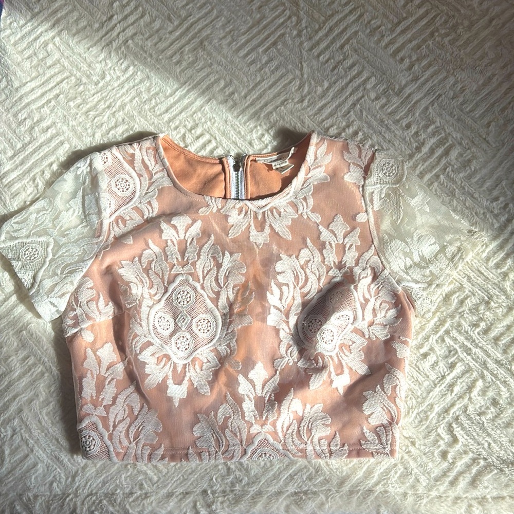 Forever 21 Tan and White Lace Overlay Crop Top
